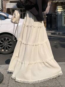 DAZY 女士纯色弹力腰多层荷叶边时尚半身裙 - 米色 - 查看 4