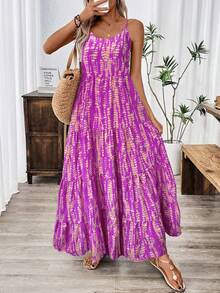 Balvessa 假日休闲随机印花吊带连衣裙长裙女装 - 淡紫色 - 查看 5