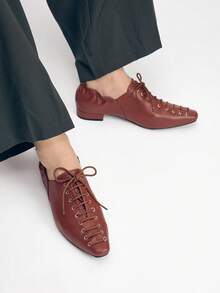 Mnmlis Giày bệt mũi nhọn kiểu Pháp cổ điển, quai chéo, gót thấp thoải mái, phong cách retro thường ngày. - Rỉ Nâu - Xem 3