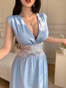 Celisse Blue Embroidered Mesh Splice Deep V-Neck Elegant Dress For Women - Blue - View 7