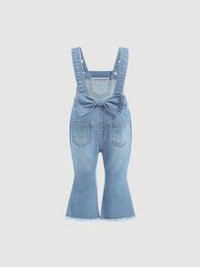 SHEIN Baby Girls' Blue Denim Bow Strap Flare Pants - Light Wash - View 3