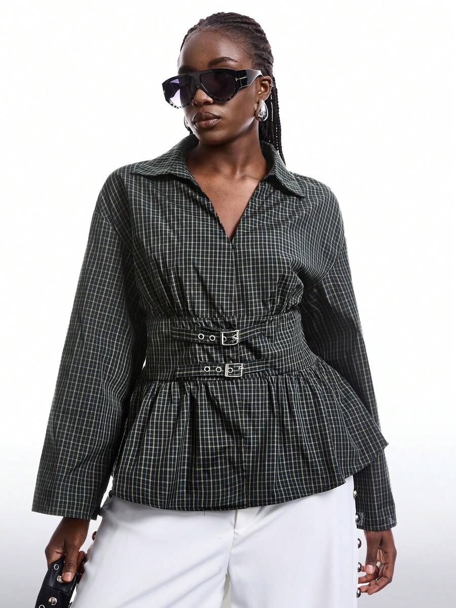 LYSMO 大码女式休闲格子长袖衬衫，适合冬季、圣诞节、新年、感恩节、毕业典礼等场合穿着。 - 彩色 - 查看 1