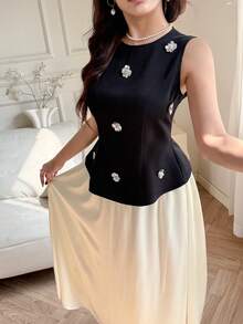 DAZY Conjunto de 2 piezas de top sin mangas con cuello redondo y decoración de lentejuelas y falda de color contrastante, elegante para invitada de boda, primavera/verano - Negro - Ver 3