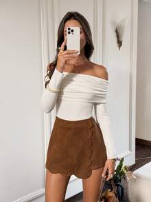 Serisse 女士纯色不对称下摆时尚短裤 - 棕色 - 查看 5