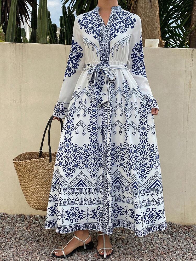 Women's Elegant Floral Print Dress With Stand Collar And Belt, Spring/Summer Vacation Sundress Boho
