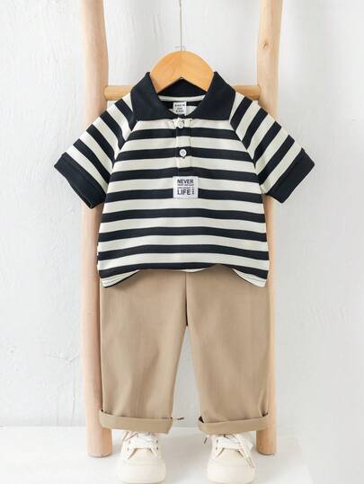 SHEIN 两件套男婴可爱条纹polo领短袖上衣和松紧腰休闲裤套装，适合生日派对、锐舞派对、晚宴、演出、婚礼、迎婴派对和一周岁生日庆祝活动。