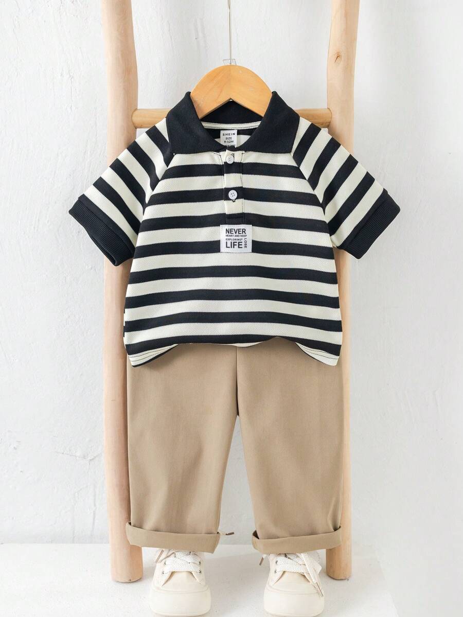 SHEIN 两件套男婴可爱条纹polo领短袖上衣和松紧腰休闲裤套装,适合生日派对、锐舞派对、晚宴、演出、婚礼、迎婴派对和一周岁生日庆祝活动。 - 彩色 - 查看 1