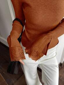 DAZY Lace Patchwork Slim Fit Women Pullover Sweater - Coral Orange - View 5