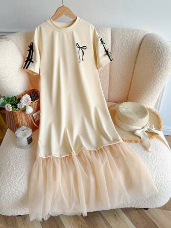 Genkimix Kids 女童蝴蝶结装饰网纱下摆休闲优雅短袖连衣裙，夏季