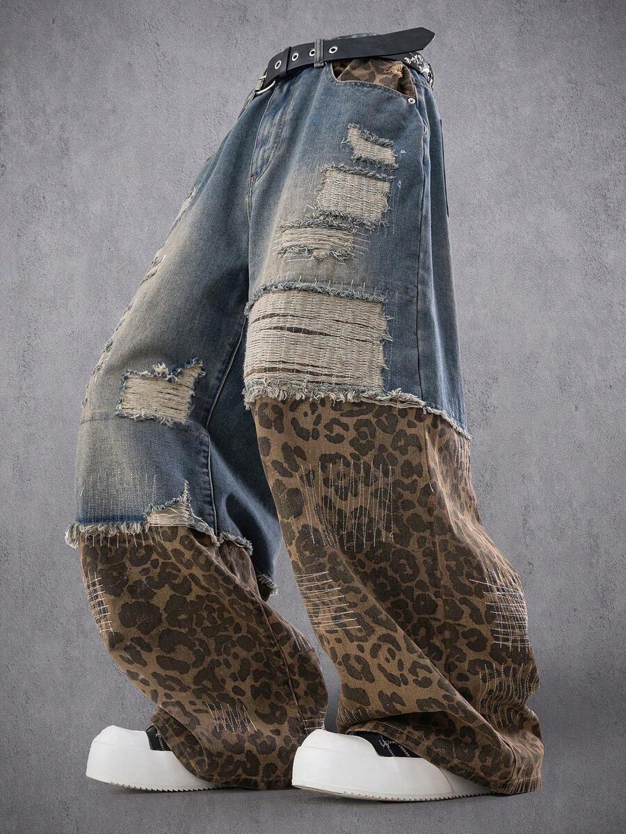 Manfinity Denimwave Men's Patchwork Leopard Print Pocket Distressed Straight Guys Baggy Leopard Print Jeans - Blue - View 1