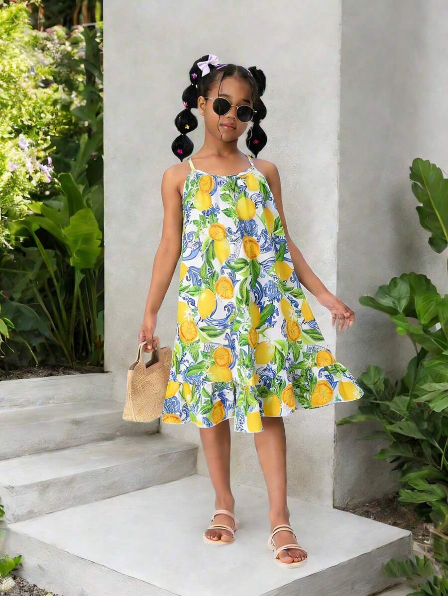 SHEIN 女童清新柠檬多色印花吊带荷叶边下摆休闲度假连衣裙 - 黃色 - 查看 1