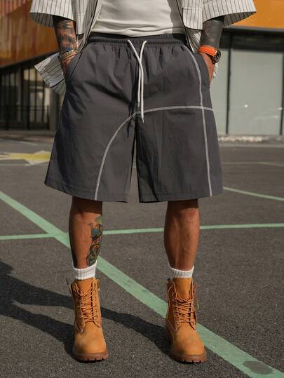 DAZY Quần short nam màu xám, cạp chun, có họa tiết trang trí, kiểu dáng thường ngày, thích hợp cho mùa hè.