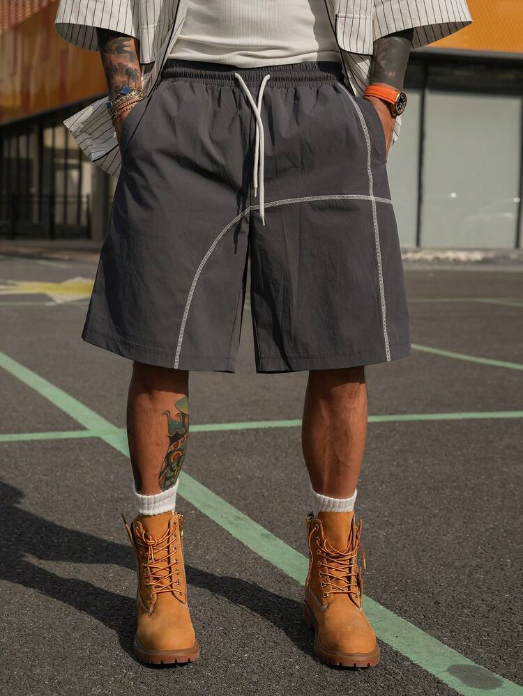 Men's Grey Elastic Waist Decorative Line Casual Shorts, Summer