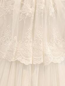 White Flared Mesh A-Line Long Dress For Tween Girls Elegant Round Neck Special Occasion Dress With Flounce Sleeves White Elegant Dress Ivory Tween Dress White Dress For Girls Ivory Dress For Girls White Modest Dress For Tweens - White - View 5