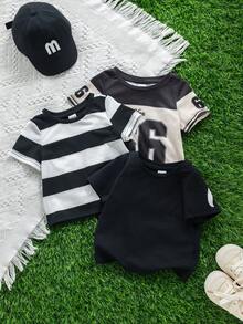 SHEIN 3件套男女宝宝休闲撞色短袖T恤针织上衣套装，春夏宝宝服装，街头风 - 黑色 - 查看 6