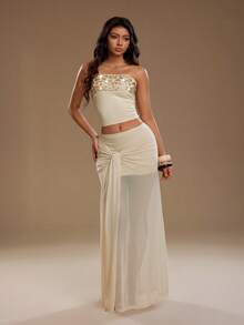 TRNVIE 夏季休闲度假女士金色宴会抹胸拼接串珠露背弹力腰带衬里和网纱系带扭结透明A字性感炸弹情人节波西米亚浪漫派对活动两件套 - 杏色 - 查看 5