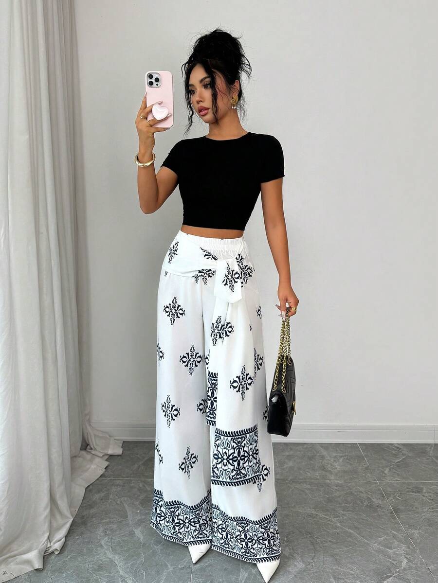 Selianne Women Spring Printed Long Pants Simple Fashion Style Suitable For Summer With Waist Belted Casual For Women - Apricot - View 1