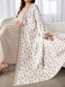 SHEIN Najma Women's Plus Size Retro Floral & Plant Faux Diamond Retro Print Long Sleeve Casual Arabic Abaya Cardigan Maxi Jacket, Spring/Autumn - Multicolor - View 4