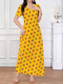 Al Najma Women's Ditsy Floral V-Neck Short Sleeve Dress, Elegant, Spring/Summer Yellow Dress Women Floral Print Dress, Yellow Maxi Dress Women, Yellow Flower Dress Fruit Dress - Multicolor - View 4