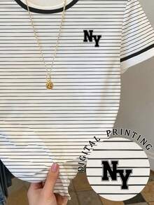 Resyla 女士字母刺绣圆领条纹印花休闲短袖T恤 - 白色 - 查看 5