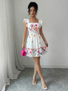 Elenzga 女士印花无袖方领收腰荷叶边下摆休闲度假连衣裙，适合狂欢节、劳动节、复活节、返校季、教师节、学生、校园、旅行、夏季等场合。 - 彩色 - 查看 5