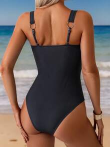 SHEIN Swim 1pc Floral Print Sexy One-Piece Swimsuit With Metal Decor, European Style For Summer Beach Vacation - Multicolor - View 2