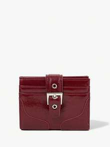 Viva Strut 1pcs Claret Cracked Glossy Leather Short Wallet, Metal Buckle Multi-Card Wallet, Simple Large-Capacity Card Bag - Burgundy - View 4