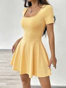 SHEIN EZwear Square Neck Short Sleeve Casual Knit Dress For Women, Pale Yellow Skater Dresses Stretchy ,Summer Mod - Pale Yellow - View 4