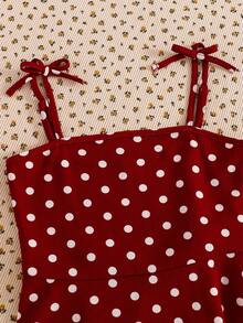 SHEIN Tween Girl Solid Color Round Neck Short Sleeve Top And Polka Dot Camisole Dress Casual Daily Outfit Set - Red and White - View 7