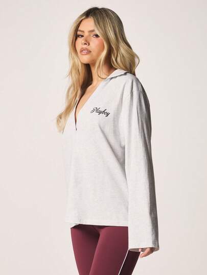 Missguided x Playboy Oversized Polo Collared Long Sleeve Top With Embroidered Logo Script Casual Relaxed Fit Button Front Women