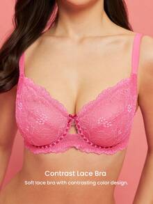 LUVLETTE Full Coverage Breathable Unlined  Pink Lace Elegance & Mesh Keyhole Detail Lingerie Lounge Curve Sheer Minimizer Bridal Intimates Romantic  Valentine's Day GiftsBra - Hot Pink - View 2