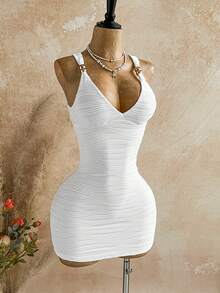 Soleia Women's Textured Mini Bodycon Dress, Fashionable For Summer Vacation - White - View 3