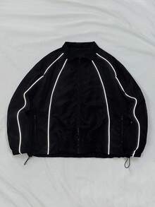 AXEPEAK 男士撞色滚边拉链休闲宽松长袖夹克外套 - 黑色 - 查看 3