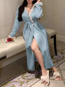 DAZY Women's Plush Contrast Color Ruffle Trim Bathrobe, Winter - Blue - View 5