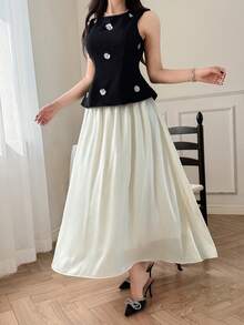 DAZY Conjunto de 2 piezas de top sin mangas con cuello redondo y decoración de lentejuelas y falda de color contrastante, elegante para invitada de boda, primavera/verano - Negro - Ver 7
