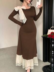 DAZY فستان طويل أنيق مناسب للمرأة مع تباين اللون، كشف الكتف، تفاصيل ربطة فيونكة - قهوة بني - مشاهدة 7