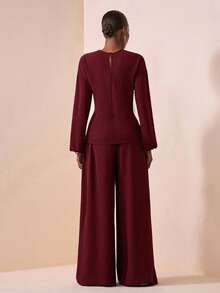 Zivah 2025秋季新款音乐节西部游牧风生日派对毕业典礼大学街头服饰万圣节服装婚礼宾客波西米亚早午餐商务休闲机场派对假日优雅长袖褶皱肩部金属装饰腰带上衣和阔腿口袋裤两件套棕色西装 - 酒紅色 - 查看 3