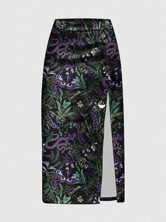 Jupe courte à fente latérale sexy avec imprimé mystérieux de plante, d'aigle et de serpent gothique, de couleur violet foncé pour femmes
