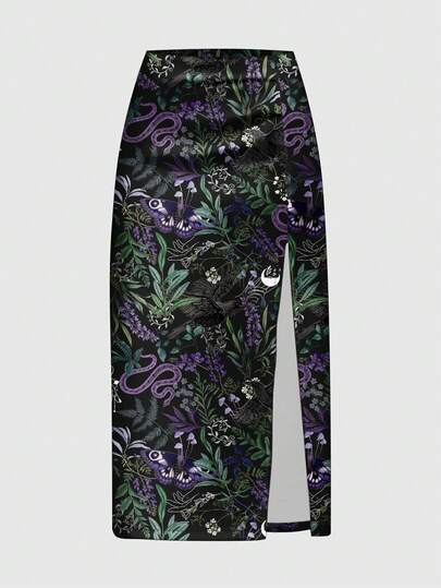 Goth Gonna mini con stampa allover gotica, orrore, con aquila, serpente e piante misteriose, di colore viola scuro e sexy spacco laterale, per donne