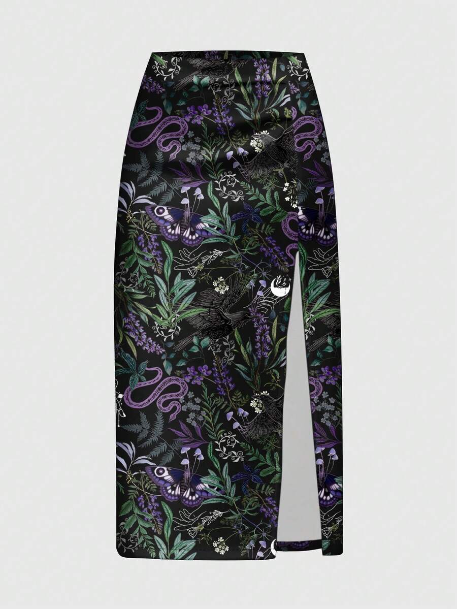 ROMWE Váy ngắn in họa tiết kinh dị Gothic hình đại bàng, rắn, cây bí ẩn, màu tím đậm, xẻ cao, gợi cảm dành cho nữ. - màu đen - Xem 1