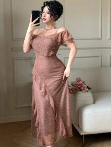 DAZY 女士优雅亮片荷叶边不对称中长连衣裙，夏季 - 粉色 - 查看 9