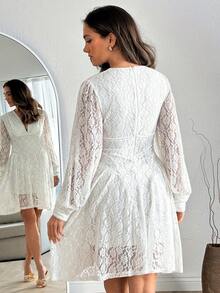 EURMUSE White Long Sleeve Lace Short Dress With Deep V-Neck And Cuffed Sleeves - White - View 3