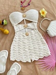 Soleia Bộ jumpsuit nữ gợi cảm, lãng mạn, không dây vai, khoét rỗng, phối kim loại, hở lưng, thích hợp cho hẹn hò, tiệc trà chiều, lễ hội âm nhạc, phong cách boho, kỳ nghỉ biển, mùa hè. - Màu be - Xem 1