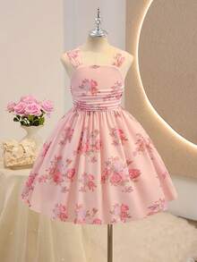 Girls' Floral Elegant Casual Vacation Dress - Pink - View 3