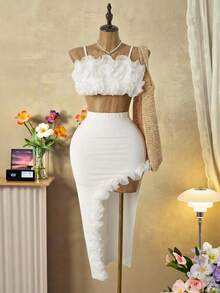 Mistrie Summer White 70's Holiday Party Disco Vacation Two Pieces Set,Fish Silk Thread 3D Flower Decoration Camisole Top&Split Long Skirt For ,Holiday - White - View 8