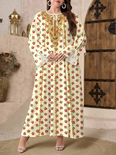 SHEIN Najma Plus Size Women's Floral & Botanical Print V-Neck Tie Front Long Sleeve Elegant Arabic Style Maxi Dress, Spring, Turkish Dress, Arabic Dress For Women Kaftans For Women Prayer Dress Kurta Set Women