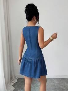 Elenzga Women's Slimming Bowknot Sweet Blue Washed Denim Dress Spring  Summer  Elegant - Medium Wash - View 2