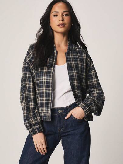 MISSGUIDED Plaid Zip Front Lightweight Blazer With Ribbed Cuffs Long Sleeve Fall Winter Casual Outerwear Jacket