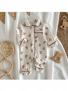 Loomiva 新生女宝宝卡通动物图案针织柔软领长袖连体衣套装 - 卡其色 - 查看 7