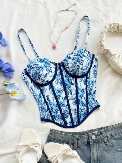 Soleia New Floral Print Spaghetti Strap Camisole, Blue & White Striped Cropped Tie-Waist Top